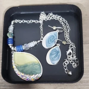 Ozean Landschaft Halskette und Ohrringe Set Kristalle Kette Wirbel silberfarben - Bild 1 von 8