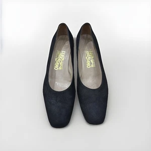 Salvatore Ferragamo Black Suede Leather Pumps Shoes Gold Detail Heels 8.5 - Picture 1 of 10
