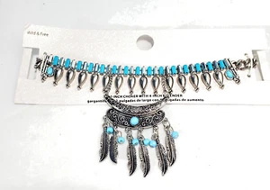 Native American Design 12 Inch Choker Metal Faux Turquoise Beads Costume Jewelry - Picture 1 of 4