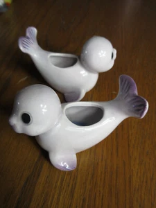 Pair of SNCO Porcelain Baby Seals White Candle Holders Japan VGUC - Picture 1 of 9