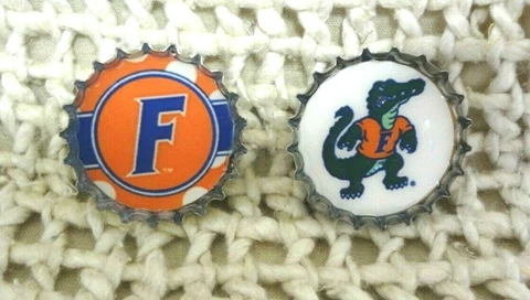 UNIVERSITY of FLORIDA GATORS ~ "F" & GATOR Bottle Cap Magnets ~ SET of 2 ~ NEW Cover