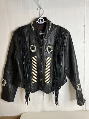 LEATHER GALLERY Mujer Chaqueta con Flecos Adornada Negra Cuero Real Cuentas Talla L Foto 1 de 4
