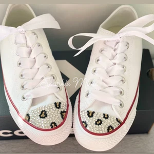 White Leopard Print Crystal Converse - Women Exclusive Bling Shoes, Ribbon Laces - Picture 1 of 7