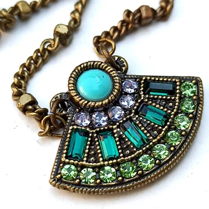 Michal Negrin Necklace Art Deco Geometric Green With Swarovski Crystals Gift New - Picture 1 of 12