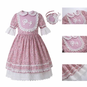 Kids Flower Girls Pink Print Lace Dresses Wedding Party Pageant Prom Summer Bow - Picture 1 of 11
