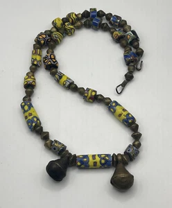 African Trade Beads Antique Venetian Brass Bell Zen French Cross Dogon Necklace - Picture 1 of 18