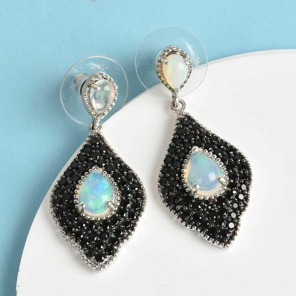 Pendientes etíopes Welo ópalo y espinela negra rodio negro plata de ley T565 Foto 1 de 4