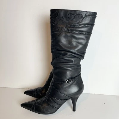 Botas hasta la rodilla Bronx de cuero negro bordado trenzado acanalado Stiletto Reino Unido 4 Foto 1 de 4
