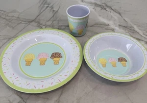 3 Piece Ice Cream Design Melamine Bowl Plate & Cup Kids Set Summer Fun! - Picture 1 of 8