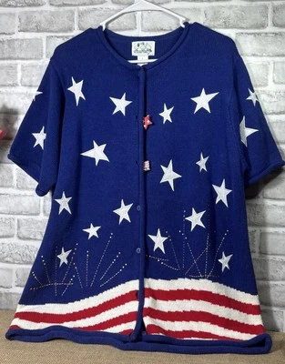 Vintage Quacker Factory Patriotic Cardigan Stars Stripes Fireworks Sz L QVC USA - Image 1 of 4