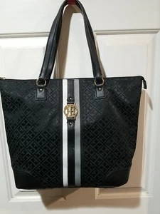 Tommy Hilfiger Black Monogram Tote Bag Zipper inside pocket - Picture 1 of 15