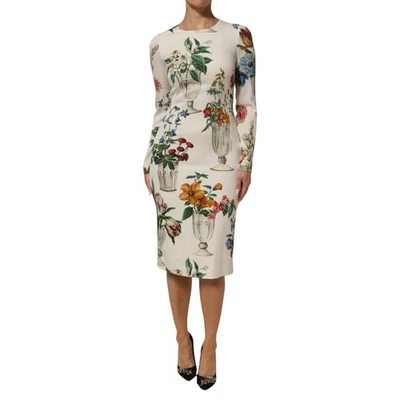 DOLCE & GABBANA Dress White Flower Vase Silk Sheath Midi IT42/US8/M RRP 2480usd - Image 1 of 4