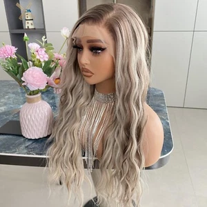 Ombre Highlight Ash Platinum Blonde Wig 13x4 Lace Front 100% human hair Wigs - Picture 1 of 10