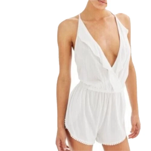 Topshop Women’s White Jersey Ruffled Crochet Trim Wrap Romper Cover Up Size M