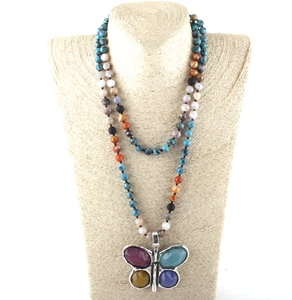 108 Bead MALA Multi Stone Knotted Butterfly Charm Pendant Necklace Yoga Meditate - Picture 1 of 4