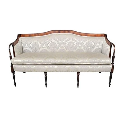 Vintage Federal Style Mahogany Settee Sofa Colonial Revival Damask Upholstery - Image 1 of 4