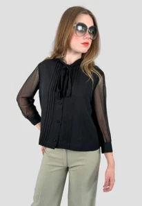 Vintage 60er Jahre Damen schwarz transparente Seide Chiffon Langarm Muschi Schleife Bluse - Bild 1 von 4