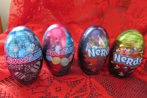 4 Tin Easter Egg Candy Container 4 designs w/candy, Nerds & Sweet Tarts, sealed - Picture 1 of 9