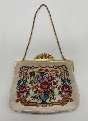 Vintage Sac De Soirée Antique Petit Point Broderie Fleurs Décor Tapisserie N°1 - Photo 1/4