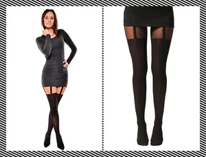 Ladies Patterned Tights Monique Mock Suspender 40 Denier Pantyhose Hosiery - Picture 1 of 4