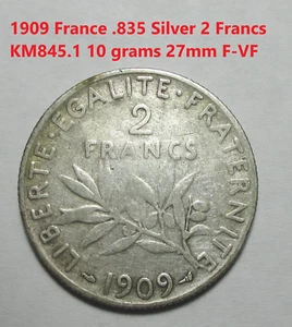 1909 France .835 SILVER 2 Francs Coin KM845.1 10 grams 27mm 3rd Republic - Picture 1 of 5