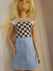 FASHIONISTA 1 PC. BLACK & WHITE CHECKBOARD TOP W/ LIGHT BLUE JEAN SKIRT - Picture 1 of 3