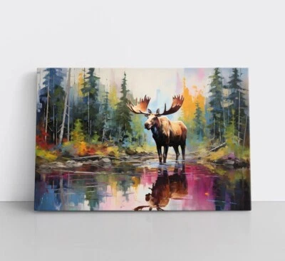 Moose Watercolor Painting Print Canvas Wall Art Wildlife Animals Lodge Decor - Image 1 of 4