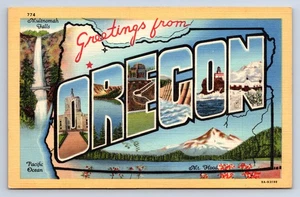 Tarjeta postal vintage saludos desde Oregon o mapa estatal lino Andrews V4 - Imagen 1 de 2