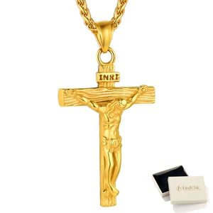 Golden Cross Necklaces for Men Stainless Steel INRI Crucifix Pendant Necklace Je - Picture 1 of 12
