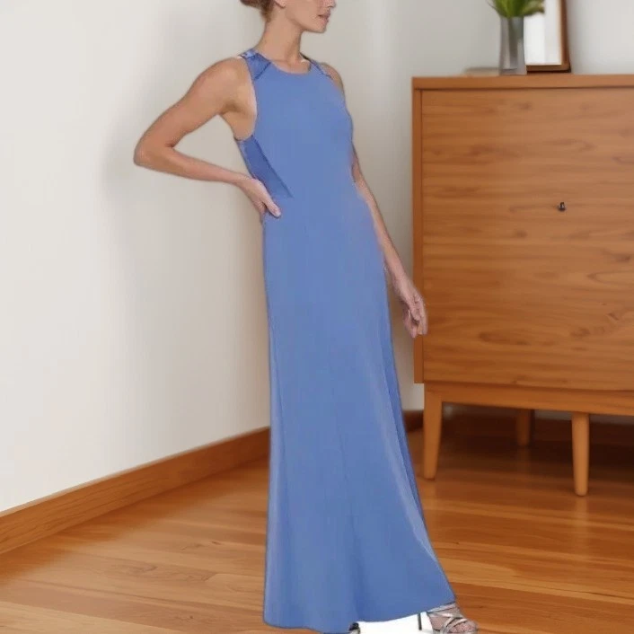 DKNY Womens Blue Cross Back Scuba Crepe Sleeveless Gown Dress 16