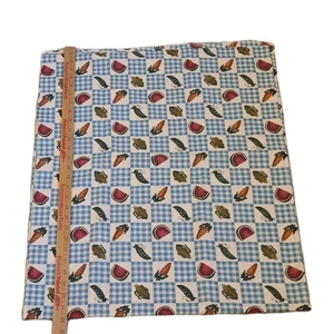 Vtg Vegetables & Fruit Blue Gingham Cotton Quilting 3 yds country peas carrots - Picture 1 of 2