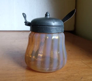 1880s AMBER OPALESCENT STRIPE ART GLASS PONTILED MUSTARD JAR & STERLING SPOON - Picture 1 of 10