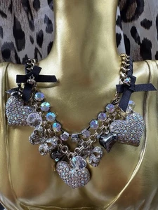 Betsey Johnson Perfectly Pave Crystal AB Gold Heart Bow Black Ribbon Necklace - Picture 1 of 7