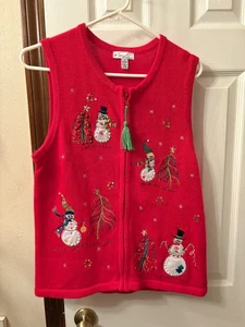 Kim Roger Vest Red Christmas Embroidered Snowmen & Trees Size M - Picture 1 of 5