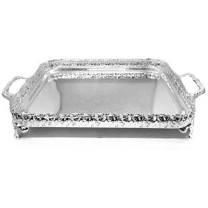 Bandeja grande plateada rectangular para servir plato pies elevados chapada en metal Paandan nueva - Imagen 1 de 2