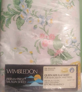 NEW Sears Wimbledon Perma Prest Muslin Sheet Queen Size Flat White Foral Bedding - Picture 1 of 8