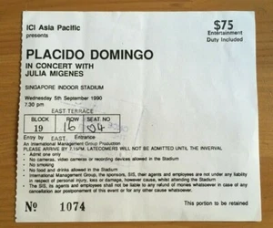 PLACIDO DOMINGO USED CONCERT TICKET - SINGAPORE INDOOR STADIUM 1990 - Picture 1 of 2