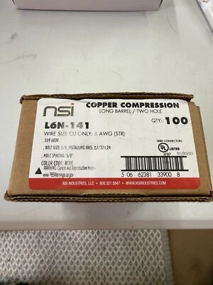 L6N-141 #6 Copper Compression Lugs. Long Barrel 2 Hole. - 100 count box  - Image 1 of 2