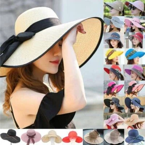 Lady Large Floppy Folding Wide Brim Cap Summer Holiday Sun Bow Straw Beach Hats - Picture 1 of 65