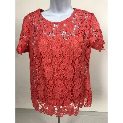 Liz Claiborne Womens Top Size PS Lined Coral Color Crochet Overlay Short Sleeves - Image 1 of 4