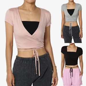 TheMogan Damen T-Shirt tiefer V-Ausschnitt Wickeloptik Crop Top leicht Flügelärmel Lagenlook - Bild 1 von 26
