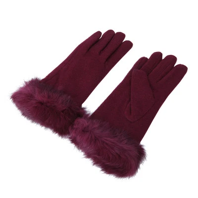 Elegant Women's Winter Thermal Wool Gloves with Rabbit Fur Trim - Diff Colors - Image 1 of 2