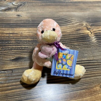 4” Dan Dee Soft Expressions Duck Plush Stuffed Animal Holding Flower Peach color - Image 1 of 4