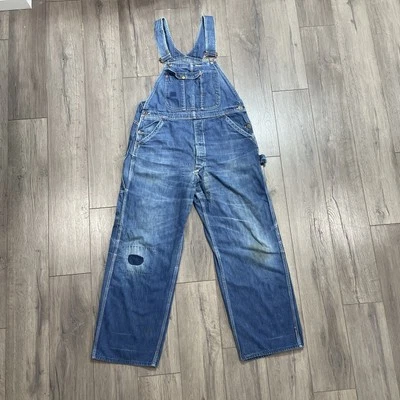 Vintage Blue Denim Jean USA Union Made Sanforized Jean Bib Distressed Patch - Image 1 of 4