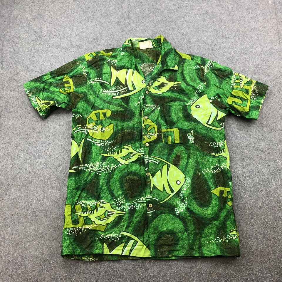 Camisa De Colección Go Barefoot Para Hombres Mediana Verde Pez Hawaiano Aloha Abotonada Años 90 Foto 1 de 4