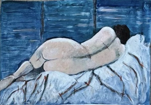 Repose in Blue Nude Woman Reclining On Sheets By M. Newell Original Oil Painting - Picture 1 of 3