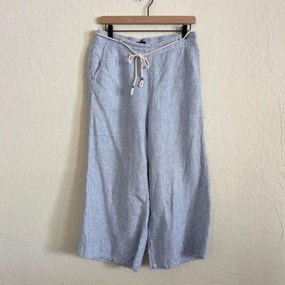 Tahari 100% Lino Pierna Ancha Pull On Pantalones Medio Azul Blanco Rayas Cuerda Cinturón Foto 1 de 4