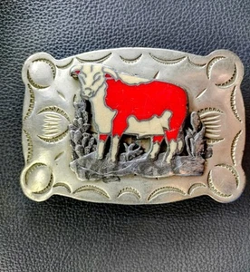 VTG "Frontier Buckles" Belt Buckle NICKLE Silver handmade red inlayed BULL rodeo - Picture 1 of 5