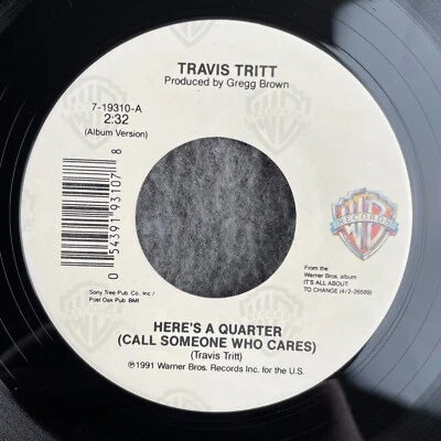 TRAVIS TRITT Here's A Quarter (Call Someone) / If Hell Had 45 WB 7-19310 NEW Foto 1 de 4