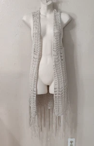 Mossimo Supply Co Damen Gr. M Häkelweste mit Fransen beige vorne offen J459 - Bild 1 von 9